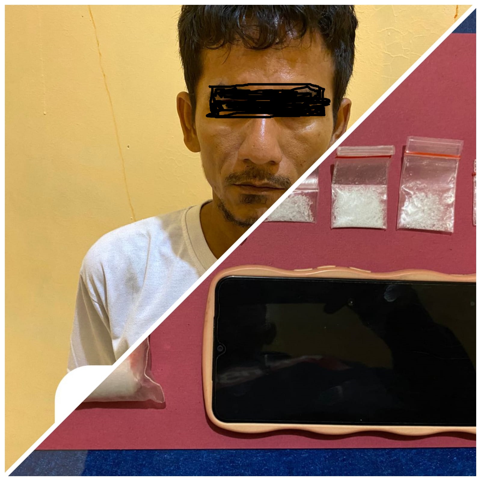 Teks fhoto: Rahman (40) warga Lingk I Kelurahan Pangkalan Dodek Lama Kecamatan Medang Deras Kabupaten Batu Bara diringkus Unit II Satres Narkoba Polres Batu Bara dipimpin IPDA Kriswanto SH terduga pemilik Narkoba jenis sabu Rabu (31/5-2023).beritasore/alirsyah