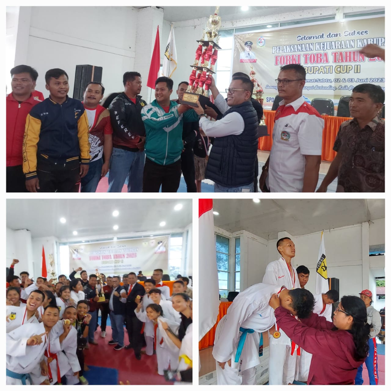 Kolase penyerahan medali dan piala kepada seluruh pemenang Kejurkab FORKI Toba. Foto: Ramsiana Gultom