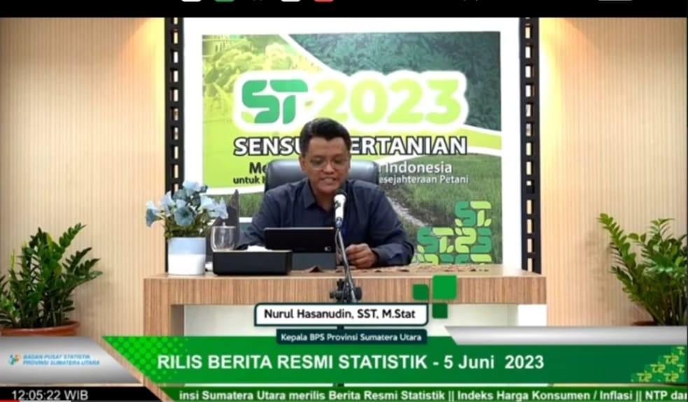 Teks foto Berita Sore/Laswie wakid Kepala BPS Sumut Nurul Hasanudin pada Rilis Berita Resmi Statistik secatabonline Senin (5/6).