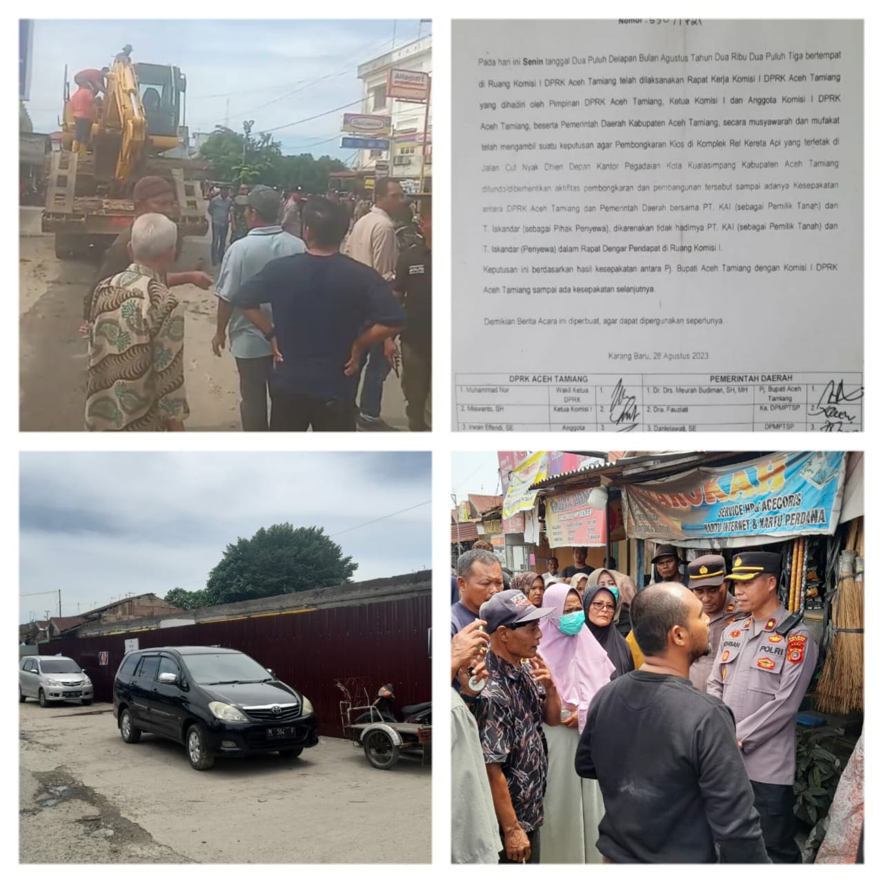 Teks foto : Sejumlah pedagang kios yang berada di jalan Cut Nyak Dhien, Kecamatan Kota Kualasimpang melakukan penolakan terhadap pembongkaran kios tempat mereka selama ini berjualan.