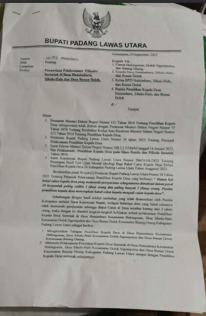 Teks Foto : Surat penundaan Pilkades beberapa Desa di Paluta.