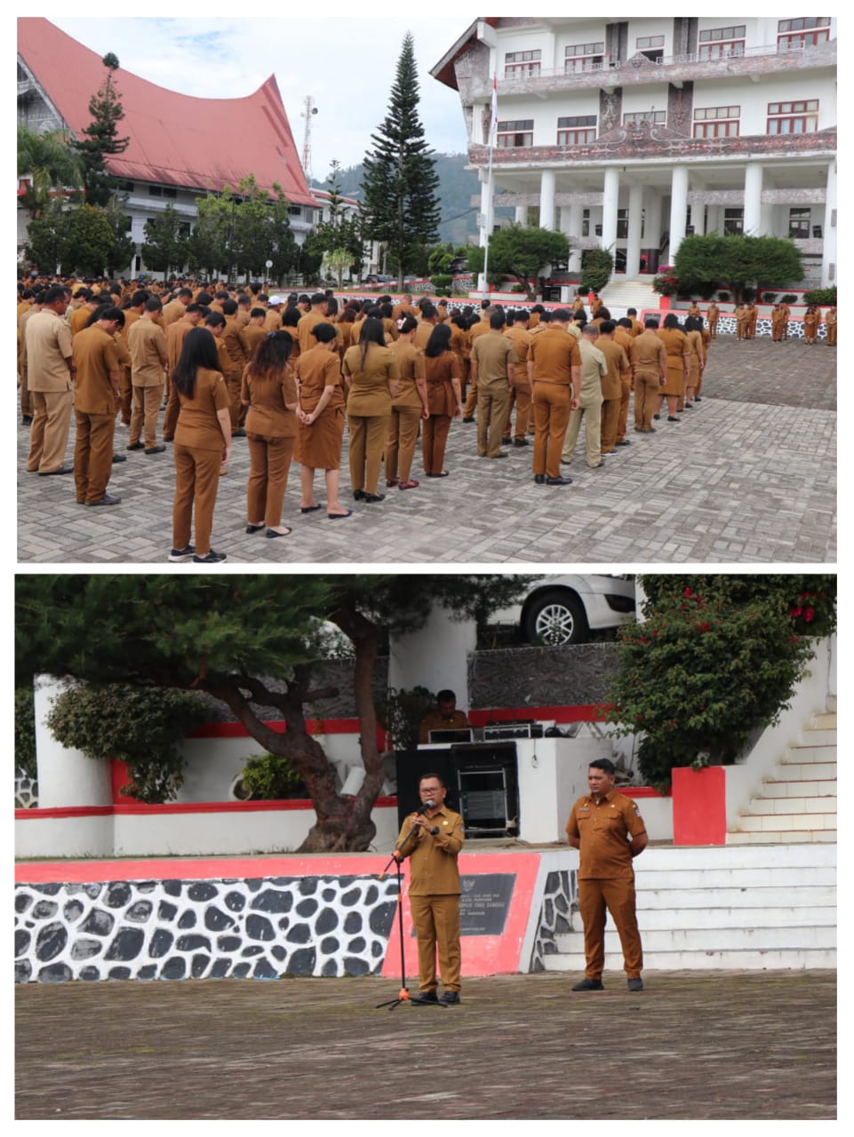 Keterangan foto: Bupati Toba, Poltak Sitorus saat memberikan arahan kepada ASN pada Apel Gabungan yang dilaksanakan di Halaman Kantor Bupati Toba, Senin (11/9). Ist