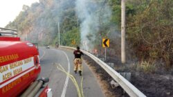 Teks Foto: Lahan ilalang yang dipenuhi semak belukar terbakar di Jalan Banda Aceh - Calang, kawasan lereng Glee Ludah, Gampong Dayah Mamplam, Kecamatan Leupung, Aceh Besar, Jumat (1/3). (Ist)