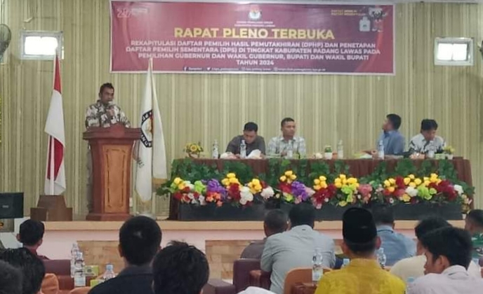 Keterangan gambar: KPU Kabupaten Padanglawas menetapkan 176.691 DPS Pilkada Palas 2024 pada rapat pleno terbuka rekapitulasi DPHP dan penetapan Daftar Pemilih Sementara. (Berita/Ist)
