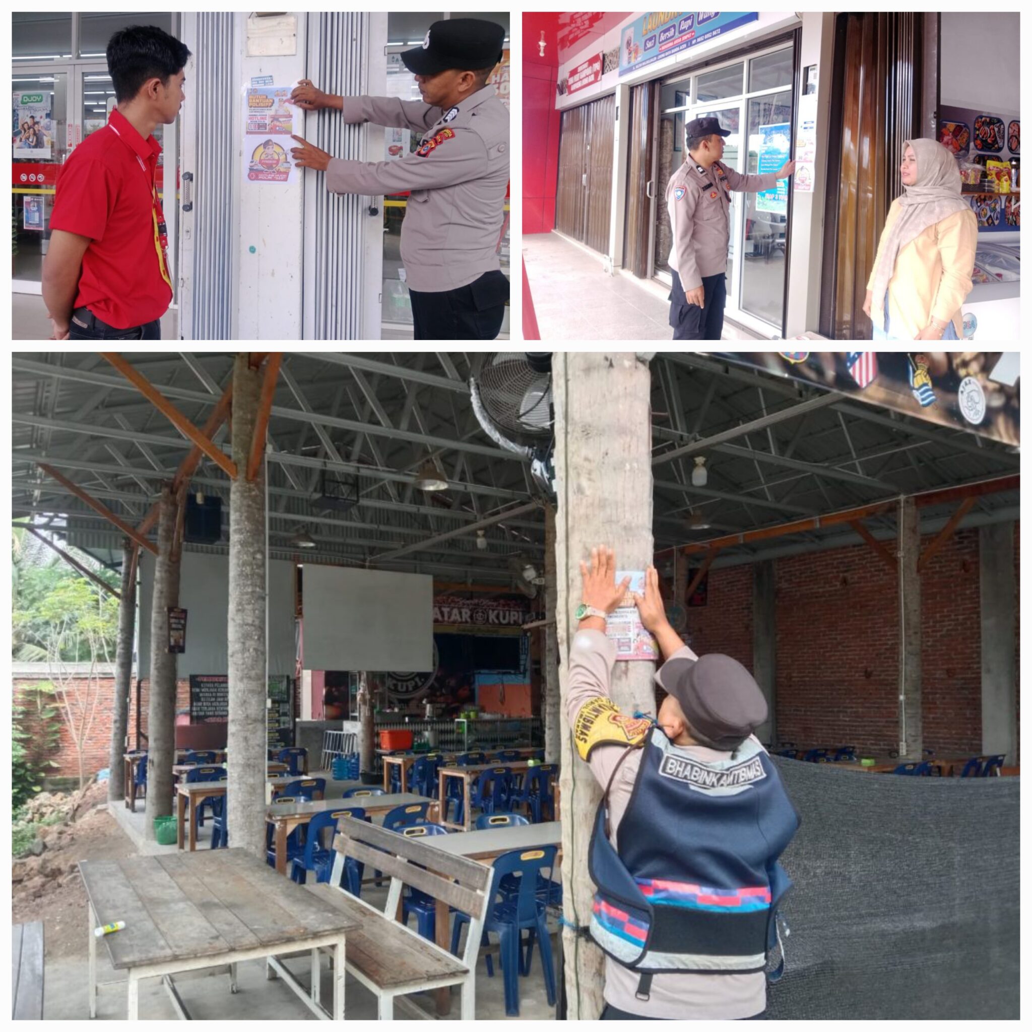 Personel Polresta Banda Aceh memasang stiker keselamatan berlalu lintas dan sekaligus sosialisasi layanan darurat/Hotline mudik 110 di sejumlah lokasi strategis. (ist)