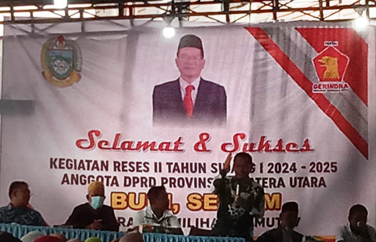 Anggota DPRD Sumatera Utara Dapil IV, Serdang Bedagai-Tebing Tinggi, Budi, SE, MM, melakukan reses di Sekretariat DPC Gerindra, Sei Rampah, Kabupaten Serdang Bedagai, Kamis, 6 Maret 2025.(Beritasore-Azwen)