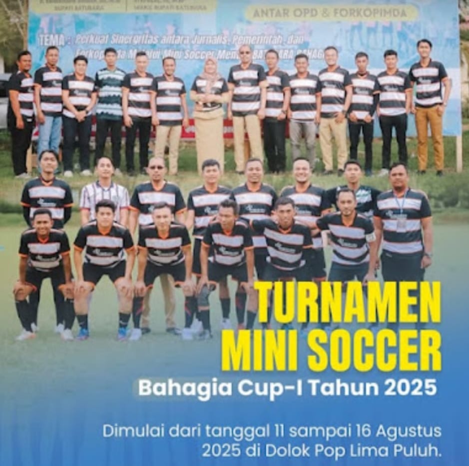 Teks fhoto Bapenda Batu Bara turut meriahkan Turnamen Mini Soccer Bahagia Cup -I Tahun 2025 berlangsung tanggal 11-16 Agustus 2025 di Dolok Pop Lima Puluh. beritasore/alirsyah