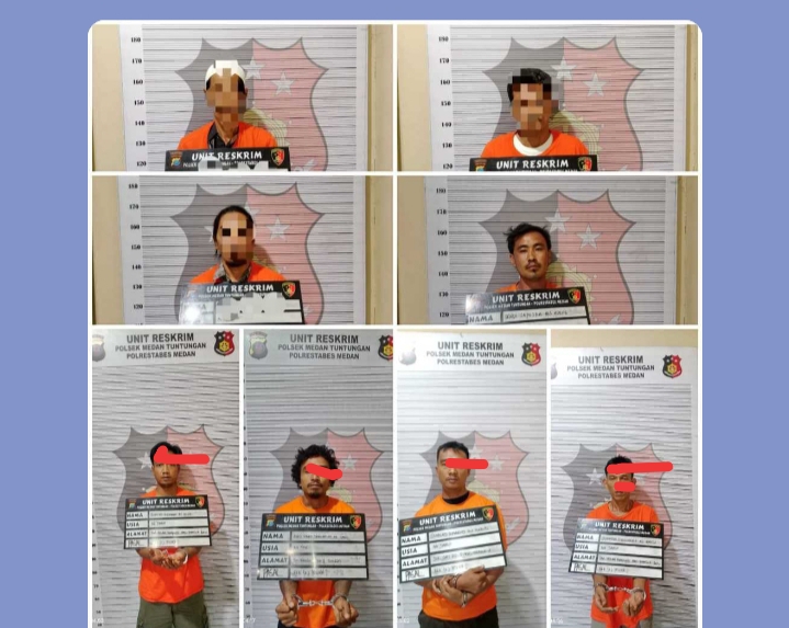 Teks.Empat pelaku pencurian dan penadah saat di amankan di Polsek Medan Tuntungan