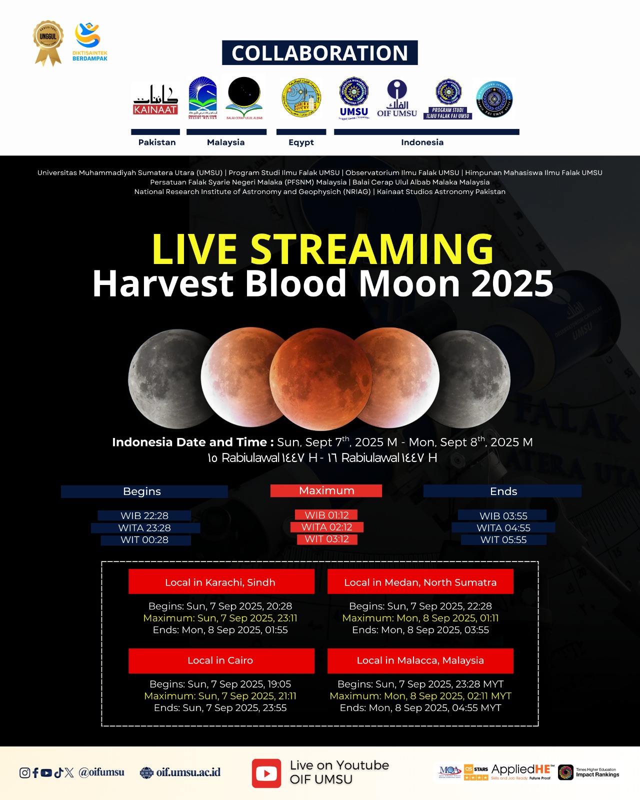 Teks foto: OIF UMSU akan menggelar Live Streaming fenomena langka Harvest Blood Moon 2025 pada Minggu – Senin, 7–8 September 2025.