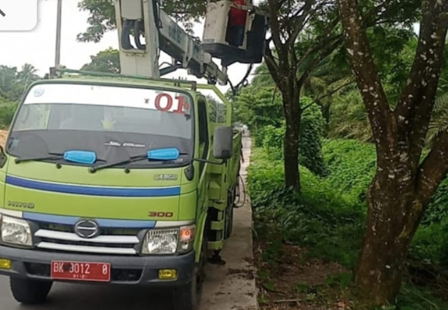 Teks fhoto Petugas Dinas Perkim LH Batubara pangkas dahan pohon di sepanjang Jl.Sei Bejangkar menuju Siajam, Kecamatan Sei Balai Senin (6/10-2025). beritasore/alirsyah