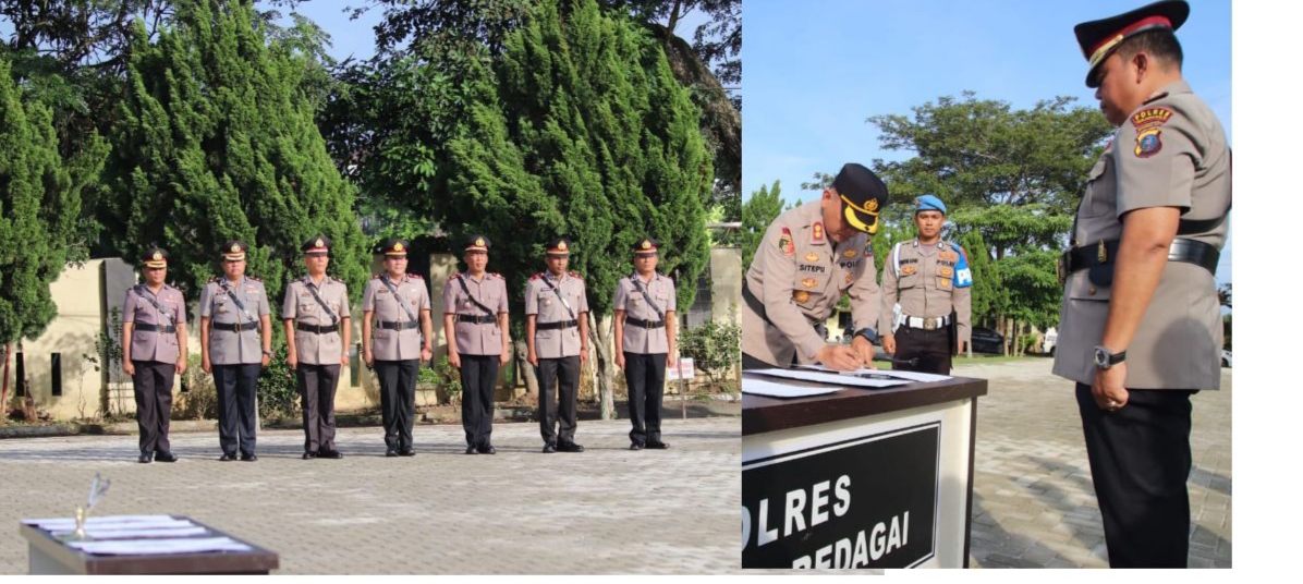 Teks foto: Kapolres Serdang Bedagai, AKBP Jhon Sitepu, SIK, MH, Melakukan Serah terima jabatan (Sertijab) dari pejabat yang lama kepada pejabat yang baru.termasuk Wakapolres Sergai.(Beritasore-Azwen)