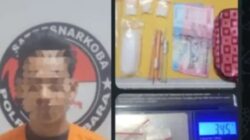 Teks fhoto inisial HI (32) bersama bang bukti narkotika jenis sabu saat ditangkap Polres Batubara.beritasore/alirsyah