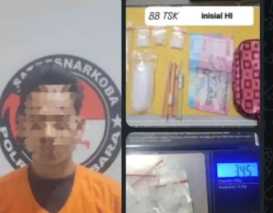 Teks fhoto inisial HI (32) bersama bang bukti narkotika jenis sabu saat ditangkap Polres Batubara.beritasore/alirsyah