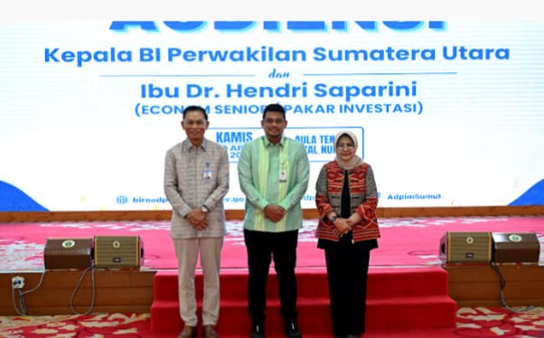 Foto: Gubernur Sumatera Utara (Sumut) Muhammad Bobby Afif Nasution didampingi sejumlah OPD, menerima audiensi Kepala Perwakilan BI Provinsi Sumut Rudy Brando Hutabarat bersama ekonom senior dan pakar investasi nasional Hendri Saparini, di Aula Tengku Rizal Nurdin, Jalan Sudirman No 41, Medan, Kamis (16/4/2026).