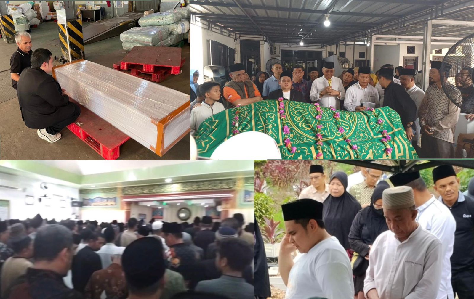 Teks Foto: Kolase foto: Putra Alm. Zulmansyah Sekedang bersimpuh di sisi peti jenazah ayahandanya menjelang diterbangkan dari Bandara Soekarno-Hatta ke Pekanbaru; Ketum PWI Pusat, Akhmad Munir ikut melepas jenazah dari rumah duka; jamaah shalat jenazah memadati ruangan masjid dekat kompleks Perumahan Sakinah 2 Blok B No. 7 Kelurahan Purwodadi, Kecamatan Tuah Madani, Kota Pekanbaru; putra Alm. Zulmansyah Sekedang mengumandangkan azan ketika jenazah ayahandanya diturunkan ke liang lahat di TPU Kertama, Pekanbaru. (Ist)